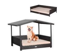 ULTRALAX Wicker Dog House Raised Rattan Dog Bed for Indoor/Outdoor with Weatherproof Roof and Removable Cushion Lounge (BROWN, Medium)