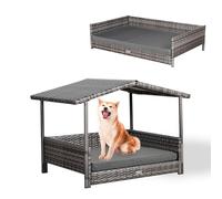 ULTRALAX Wicker Dog House Raised Rattan Dog Bed for Indoor/Outdoor with Weatherproof Roof and Removable Cushion Lounge (GREY, Medium)