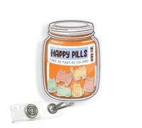 ULTRAVUTT Happy Pills Cat Shaker Badge Reel, Funny Cat Medicine Bottle Shaker Retractable ID Holder for Nurse RN Pharmacy Tech Mental Health Medical Worker