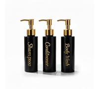 uMadeUs Shampoo and Conditioner Dispenser - Essentials Toiletry Bottles - Shower Refillable Shampoo and Body Wash Soap Pump Bottle - 3X 3oz Containers - Black All Gold 2 Round