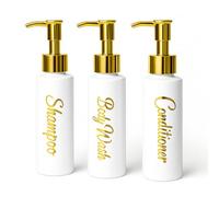 uMadeUs Shampoo and Conditioner Dispenser - Essentials Toiletry Bottles - Shower Refillable Shampoo and Body Wash Soap Pump Bottle - 3X 3oz Containers - White All Gold 2 Round