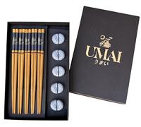 UMAI Japanese Chopsticks Set, Japanese Kitchen Accessories | Includes 5 Pairs of Reusable Chopsticks + 5 Ceramic Holders | Perfect for Chinese Food and Sushi | Elegant Case Ideal for Gift