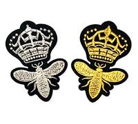 Umama Patch Set of 2 Gold Silver Crown Bee Cartoon Applique Patch Cute Crown Bee Embroidered Iron On or Sew On Patch Craft Clothing Decorative Repair