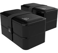 Umami Bento Box Adult All-in-1 w/4 Utensils, 2 Sauce Jars 2 Dividers, 100% Leakproof, Microwave & Dishwasher Safe Stackable Lunch Box Containers for Men/Women, Black & Tan Fuji, 2000 ml