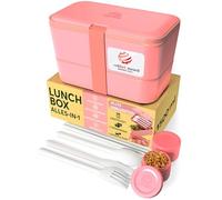 Umami Lunch Box Containers w/ 4 Utensils, 2 Sauce Jars, Nestable Space-Saving Bento Box Adult, 100% Leakproof, Microwavable Cute Pink Lunch Containers for Adults, Red Dot Design Award Winner
