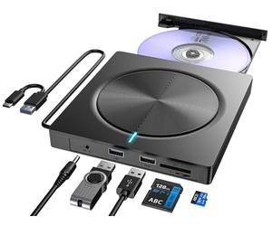 Umaniy External CD DVD Drive, USB 3.0 and Type-C Portable CD/DVD +/-RW ROM Burner Rewriter with SD/TF & USB Ports, CD/DVD Player for Laptop, Desktop, MacBook, iMac, macOS/Linux/Windows 11/10/8/7/XP