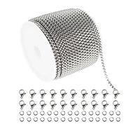 UMAOKANG 32.8 Feet/Roll Silver Stainless Steel Rolo Box Chain, 2.5mm Square Ball Link Chain for Jewelry Making with 30 Open Jump Rings and 20 Lobster Clasps