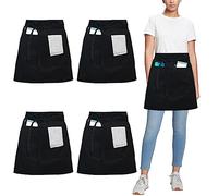umboom 4 Pack Black Chef Apron, Short Waist Apron with 3 Pockets for Women Men Waiter Waitress Restaurant Bar Cafe Shop Work Clean Garden Catering Cooking Baking (Polycotton - Black)