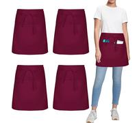 umboom 4 Pack Red Chef Apron, Short Waist Apron with 3 Pockets for Women Men Waiter Waitress Restaurant Bar Cafe Shop Work Clean Garden Catering Cooking Baking (Polycotton - Red)