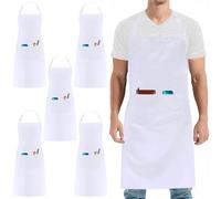 umboom 5 Pack White Chef Apron for Women Men, Professional Work Apron for School, Catering, Kitchen, Restaurant, Bistro, Bar, Café, Garden, Salon (Adjustable, 3 Pockets)