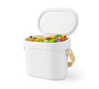 Umbra Bellwood Kitchen Compost Bin, Countertop, 1 Gallon, White/Natural | Removable wooden handle, hidden bag retainer, dishwasher safe, BPA-free recycled plastic