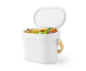 Umbra Bellwood Kitchen Compost Bin, Countertop, 1 Gallon, White/Natural | Removable wooden handle, hidden bag retainer, dishwasher safe, BPA-free recycled plastic