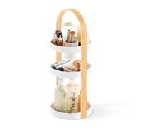 Umbra Bellwood Makeup Organizer, with Handle, Large, White/Natural | Three tier capacity, removable brush cup, integrated carry design, vanity countertop use, sixty percent recycled plastic