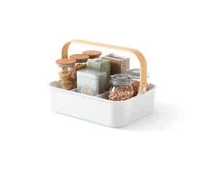 Umbra Bellwood Stackable Bin, 14" x 10" Durable Lightweight Container with Wooden Handle and Removable Dividers, White/Natural