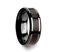 UMBRA Black Ebony Wood Inlaid Black Ceramic Ring with Beveled Edges 8mm Wide Wedding Band with Custom Inside Engraved Personalized, Ceramic