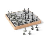 Umbra Buddy Chess Set, Modern Portable Metal Chessboard, 14-Inch, Natural | Ash wood frame, velvet lined pieces, hidden compartment, nickel titanium finish, stackable design
