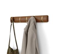 Umbra Flip Coat Rack, Wall Mounted 5-Hook Space Saving, Walnut/Gold | Real wood and steel build, retractable hooks fold flat, holds coats bags and scarves, easy install