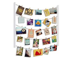 Umbra Hangit Photo Display - DIY Picture Frames Collage Set Includes Picture Hanging Wire Twine Cords, Natural Wood Wall Mounts and Clothespin Clips for Hanging Photos, Prints and Artwork (White)