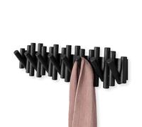 Umbra Picket Coat Rack, Wall Mount 8 Flip-Down Coat Hooks, Black | Beveled pine wood dowels, supports up to 5 lbs, mounting hardware included, space saving