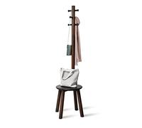Umbra Pillar Coat Rack with Stool, Freestanding 6 Hooks, Black/Walnut | Rubberwood and metal construction, space-saving vertical design, no tools assembly, holds bags or plants