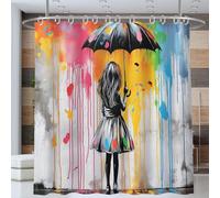 Umbrella Girl Shower Curtain, Graffiti Street Art Anti Mould Fabric Waterproof Bath Curtains, Grey Polyester Shower Curtains With 12 Curtain Hooks for Bathroom, Grey