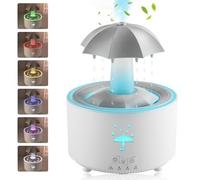 Umbrella Rain Humidifier - 7 Color Raindrop Aromatherapy Diffuser With Rain Sounds for Sleeping, Rotating Waterfall Lamp, Essential Oil Humidifier (White)