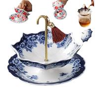 Umbrella Shape Ceramic Tea Strainer, Chinese Blue & White Porcelain Loose Leaf Filter with Rotating Design, Multi-Purpose Tea Infuser for Kung Fu/Coffee/Brewing and Home Decor
