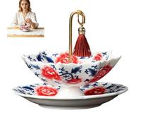 Umbrella Shape Ceramic Tea Strainer - Chinese Blue & White Porcelain Loose Leaf Tea Filter with Matching Base, Traditional Oriental Kung Fu Tea Infuser for Tea Brewing (Red)
