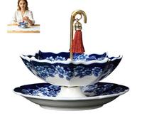 Umbrella Shape Ceramic Tea Strainer - Chinese Blue & White Porcelain Loose Leaf Tea Filter with Matching Base, Traditional Oriental Kung Fu Tea Infuser for Tea Brewing (Blue)