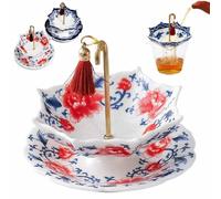 Umbrella Shape Ceramic Tea Strainer, Hand-Paint Chinese Blue & White Porcelain Loose Leaf Filter, Traditional Oriental Kung Fu Tea Infuser for Tea Brewing (Peony Flower Tea Strainer Set)