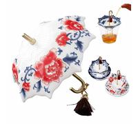 Umbrella Shape Ceramic Tea Strainer, Hand-Paint Chinese Blue & White Porcelain Loose Leaf Filter, Traditional Oriental Kung Fu Tea Infuser for Tea Brewing (Peony Flower Tea Strainer)