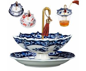 Umbrella Shape Ceramic Tea Strainer, Hand-Paint Chinese Blue & White Porcelain Loose Leaf Filter, Traditional Oriental Kung Fu Tea Infuser for Tea Brewing (Celadon Tea Strainer Set)