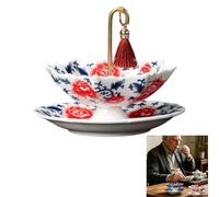 Umbrella Shaped Rotating Ceramic Tea Strainer, Blue & White Porcelain Tea Infuser, Heat Resistant Sieve with Base, for Kung Fu Tea, Loose Leaf Herbal Coffee Brewing, Oriental Decor Gift (Red)