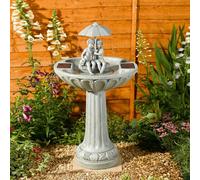 Umbrella Solar Powered Fountain - Stone Effect Outdoor Garden Water Feature or Bird Bath with Boy, Girl & Dog Sculpture & 4L Reservoir for Patio, Decking, Balcony, Yard, Lawn - H84 x 48cm Diameter