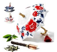 Umbrella Tea Infuser, Ceramic Tea Infuser Umbrella Shape, Blue White Porcelain Loose Leaf Tea Strainer with Base, Traditional Oriental Kung Fu Tea Diffuser (Peony)
