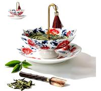 Umbrella Tea Infuser, Ceramic Tea Infuser Umbrella Shape, Blue White Porcelain Loose Leaf Tea Strainer with Base, Traditional Oriental Kung Fu Tea Diffuser (Peony Set)