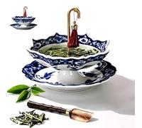 Umbrella Tea Infuser, Ceramic Tea Infuser Umbrella Shape, Blue White Porcelain Loose Leaf Tea Strainer with Base, Traditional Oriental Kung Fu Tea Diffuser (Celadon Set)
