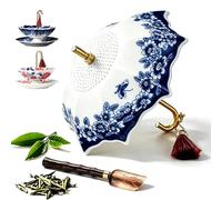 Umbrella Tea Infuser, Ceramic Tea Infuser Umbrella Shape, Blue White Porcelain Loose Leaf Tea Strainer with Base, Traditional Oriental Kung Fu Tea Diffuser (Celadon)