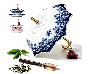 Umbrella Tea Infuser, Ceramic Tea Infuser Umbrella Shape, Blue White Porcelain Loose Leaf Tea Strainer with Base, Traditional Oriental Kung Fu Tea Diffuser (Celadon)