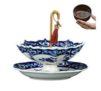 Umbrella Tea Strainer - Ceramic Blue White Porcelain Diffuser, Chinese Loose Leaf Filter, Drip Proof Tea Steeper, Matching Tray Base | Traditional Kung Fu Brewer for Home Office Gift