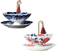 Umbrella Tea Strainer, Umbrella Tea Diffuser, Shape Ceramic Strainer, Chinese Blue & White Porcelain Loose Leaf Filter with Rotating Design, for Kung Fu/Coffee/Brewing (Blue+Red)