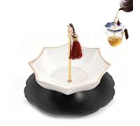 Umbrella Tea Strainer with Drip Base, Ceramic Tea Infuser for Loose Leaf Brewing, Traditional Blue and White Porcelain Oriental Filter Set, Unique Umbrella Shape Accessories,White