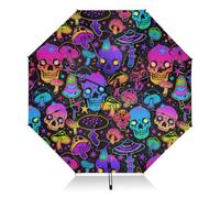 Umbrellas for Rain Sun Outdoor, Automatic Folding Umbrella Windproof Strong, Large Anti-UV Compact Umbrella Black Outside Goth Psychedelic Skull Mushroom Purple Travel Umbrellas for Women Men
