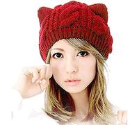 UmbWorld Women Girls Boys Teens Cute CAT Kitty Ears Hats, Winter Warm Woollike Knitted Crochet Christmas Ski Beanie Headgear, Red, Large