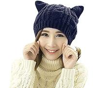 UmbWorld Women Girls Boys Teens Cute CAT Kitty Ears Knitted Crochet Cable Rib Hat Cap Beanie (Deep Blue), Deep Blue, Large