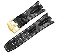 UMCNVV Genuine Leather watch Strap For AP 15703 Royal Oak Offshore Series 28mm Crocodile Watchbands(Black white-gold)