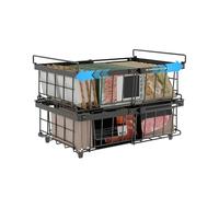 UMDONX 2 Pack Expandable Chest Freezer Baskets Organiser Storage Boxes | Durable Metal Load 25KG, Foldable Handle, Stackable Black Kitchen Pantry Shelf