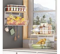 UMDONX 2 Pack Magnetic Fruit Baskets Kitchens Vegtable Storage Rack, Large Hanging Fridge Shelf Unit for Spice Veg Onions and Potatoes - 2 Tier Durable Metal Wooden Top White