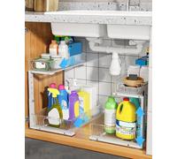 UMDONX 2 Pack Under Sink Storage Kitchen Cupboard Organiser with 2 Tier Pull out Drawers, Bathroom Pantry Shelf Cabinet Tidy Sliding Rack, 5 Height Adjustable White Durable Metal Frame