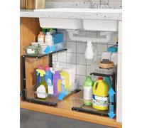 UMDONX 2 Pack Under Sink Storage Kitchen Cupboard Organiser with 2 Tier Pull out Drawers, Bathroom Pantry Shelf Cabinet Tidy Sliding Rack, 5 Height Adjustable Black Durable Metal Frame